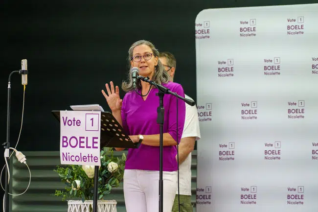 Nicolette Boele speaking at her campaign launch in St Ives on 30 January 2022